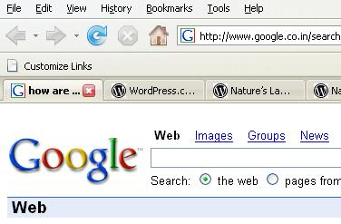 Firefox 2 showing a row of open tabs beneath the address bar — a Google search, WordPress, and two others.