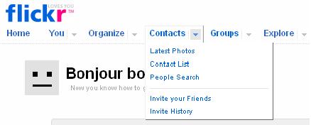 The 2007 Flickr navigation bar with the Contacts menu open, showing Latest Photos, Contact List, People Search, Invite your Friends and Invite History.