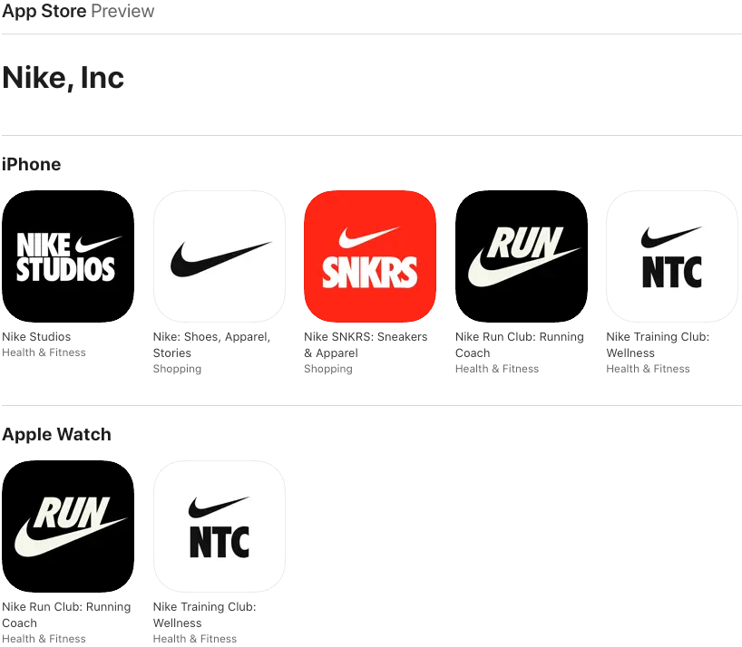 App Store listing for Nike, Inc: Nike Studios, Nike, Nike SNKRS, Nike Run Club and Nike Training Club on iPhone, and Run Club and Training Club on Apple Watch.