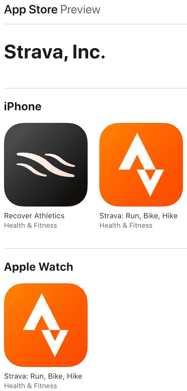 App Store listing for Strava, Inc: Recover Athletics and Strava on iPhone, and Strava on Apple Watch.